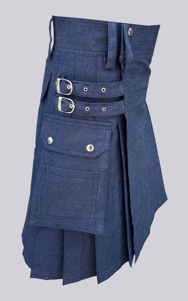 Blue Denim Kilt Scottish Highland Fashion Utility Kilt Adjustable Straps