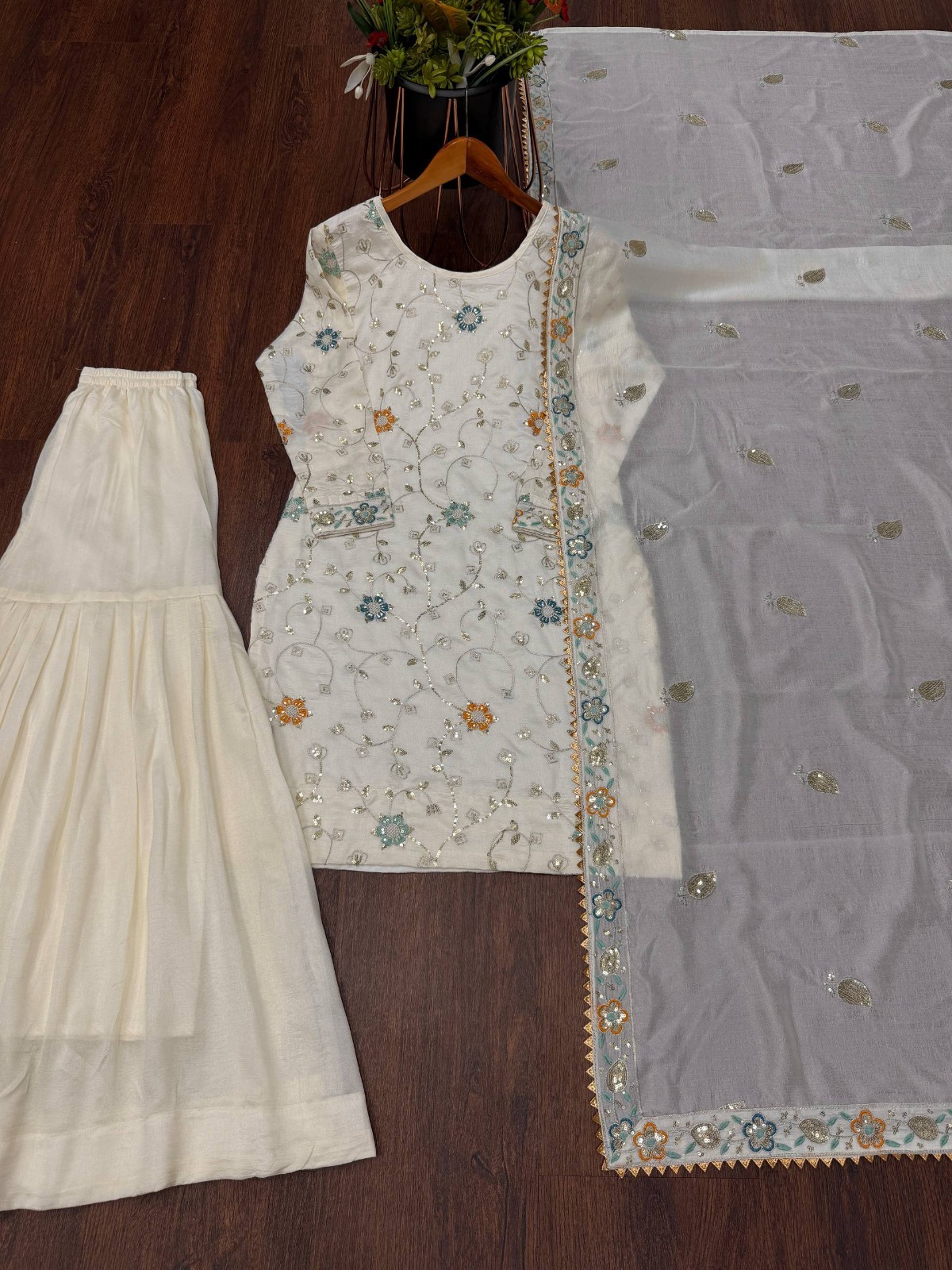 Off White Latest Pure Chinon Top Palazzo With Dupatta For Wedding & Party Wear