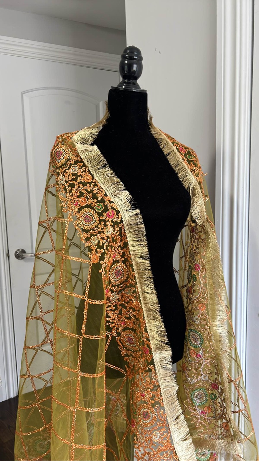 Indian Dupatta Green Gold Net Embroidered Scarf