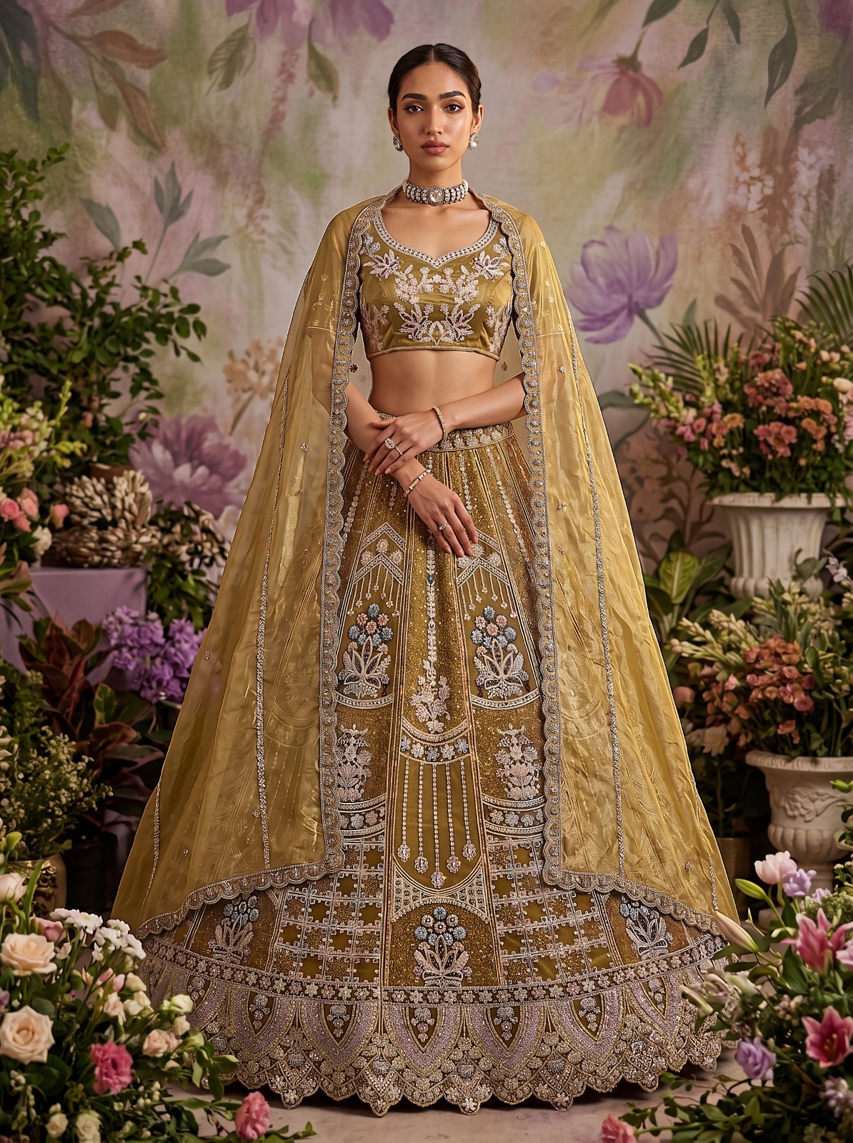 Women’s Bridal Net Lehenga Choli Zircon Diamond Dori Zari Embroidery