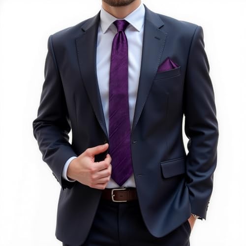 Mens Tie Set Silk Solid Paisley Necktie and Pocket Square Dark Purple