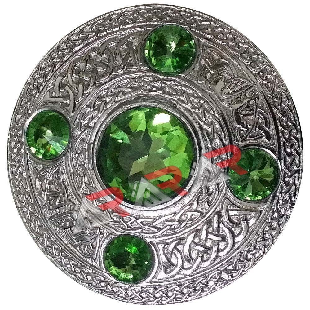 Ladies Brooch Highland/Scottish AAR Kilt Fly Plaid Parrot Green Stones Size 4″