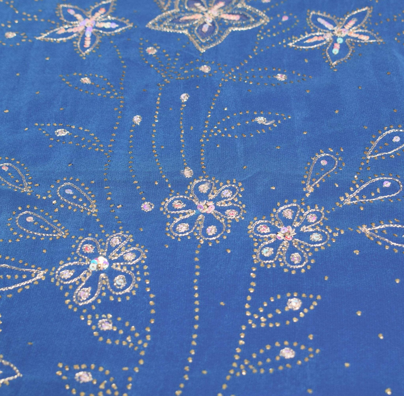 Sushila Vintage Handmade Mukesh Work Sari Turquoise Blue Pure Crepe Saree Fabric