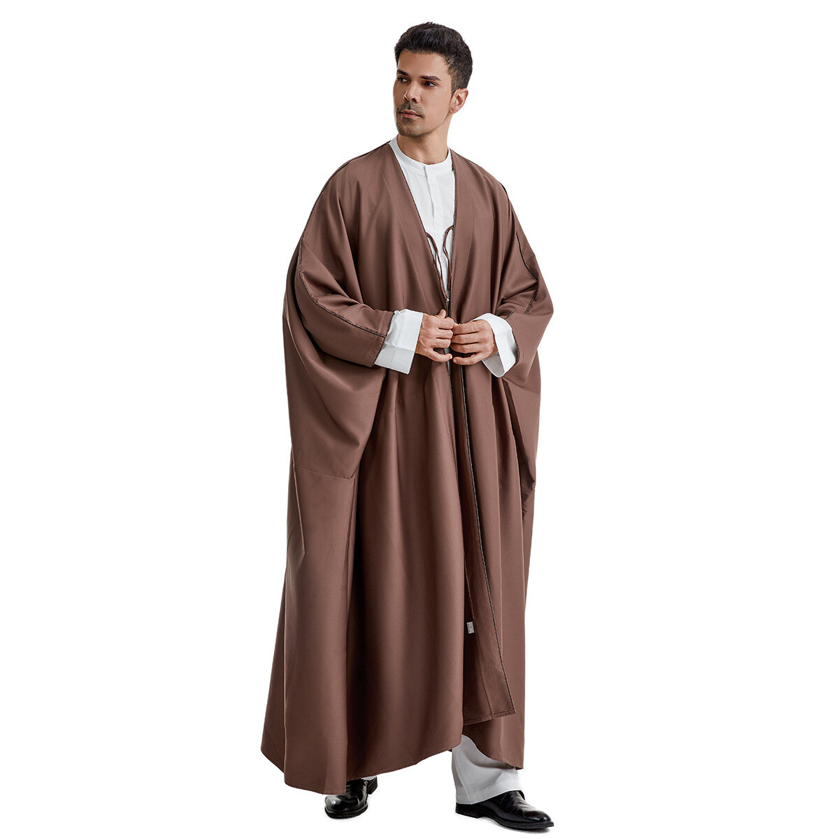 Saudi Arab Men Solid Color Open Kimono Batwing Robe Muslim Abaya Ramadan Prayer