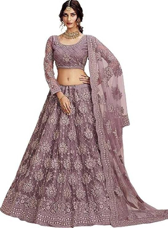 Women’s Semi Stitched Net Silk Lehenga Choli with Embroidered Unstitched Blouse