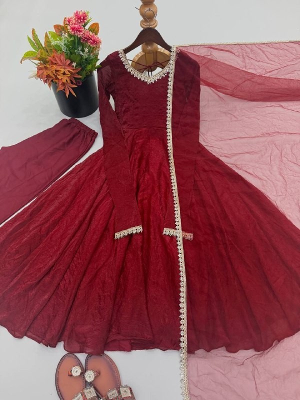 New Latest Doremon Crush Maroon Gown Bottom With Dupatta For Traditional Wear