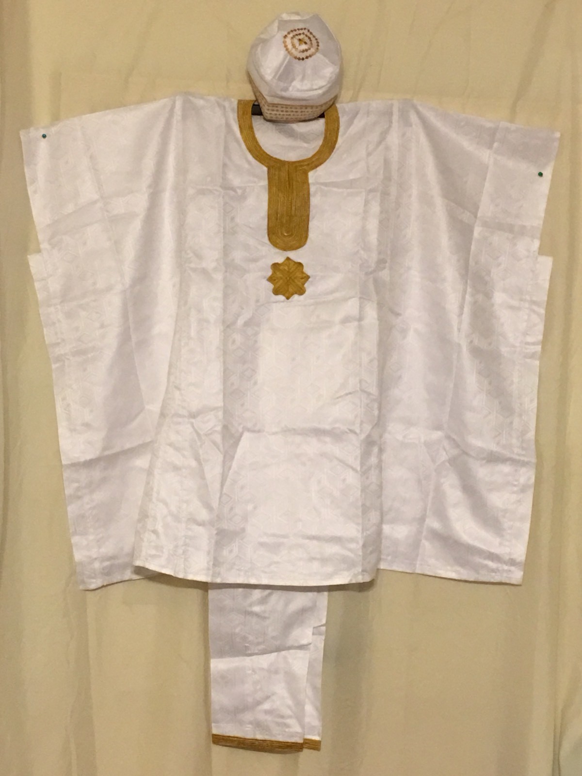 AFRICAN DANSHIKI 3pc Traditional Men EMBROIDERY Gold On White Guinea Brocade Set