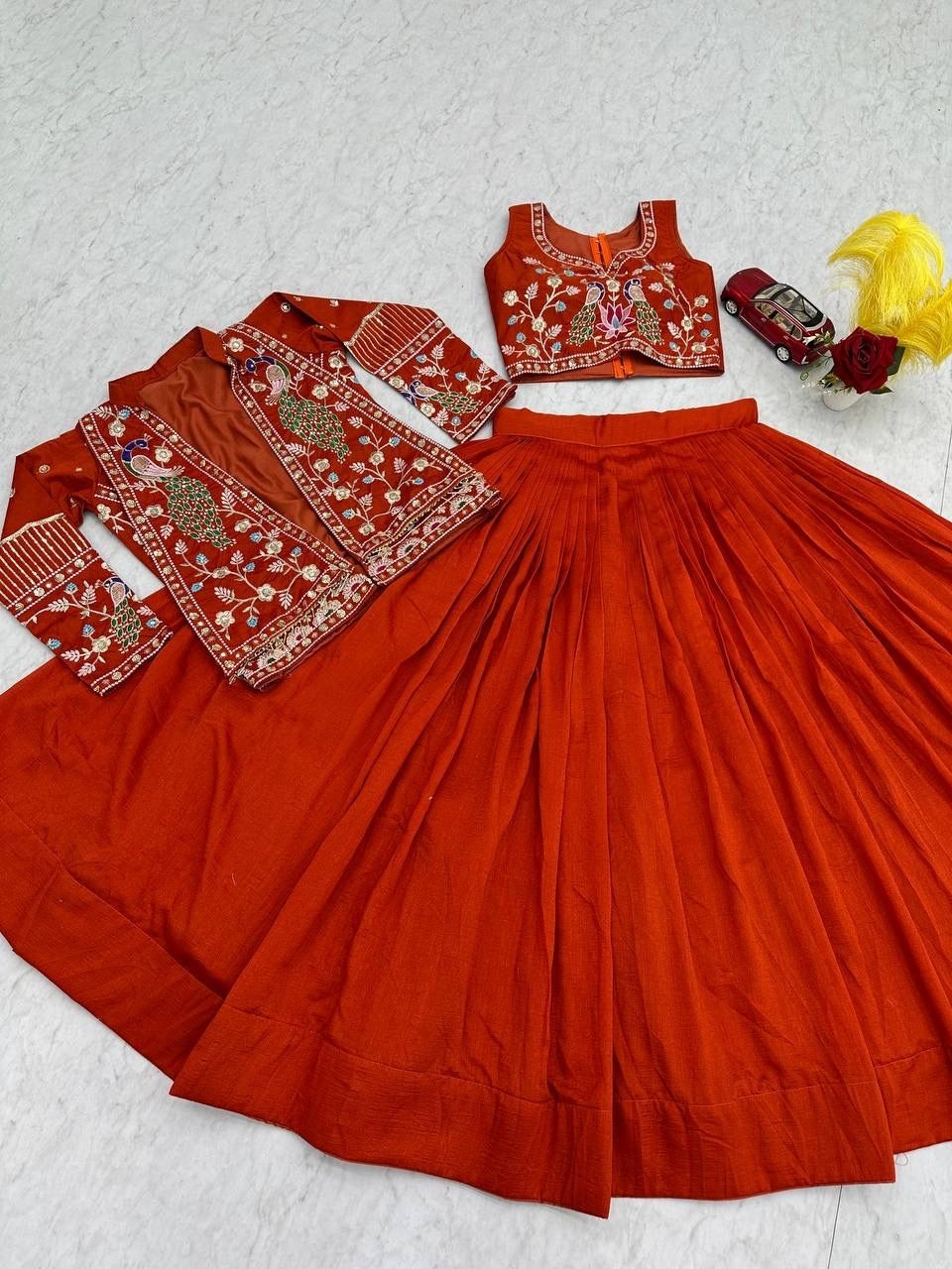 Designer Vichitra Silk Lehenga Choli with Jacket Heavy Thread Sequence Work
