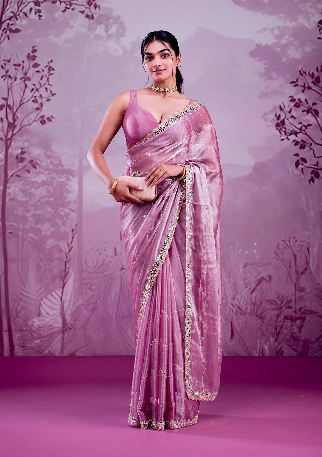 Soft Burberry Silk Saree with Embroidery and Real Mirror hand Work with Cut Work