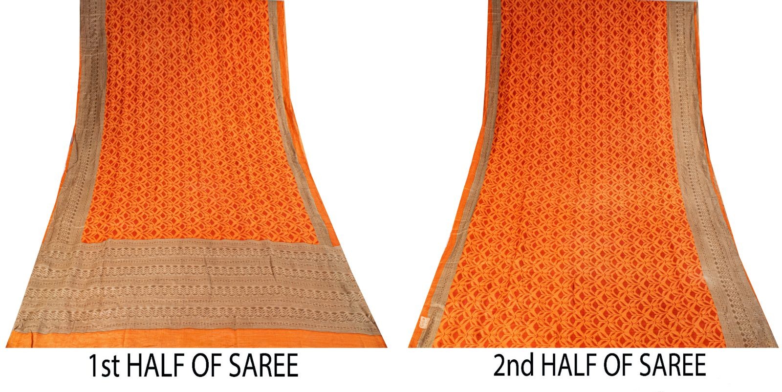 Sanskriti Vintage Soft Orange Pure Woolen Saree Floral Print Sari 5.5+Yd Fabric
