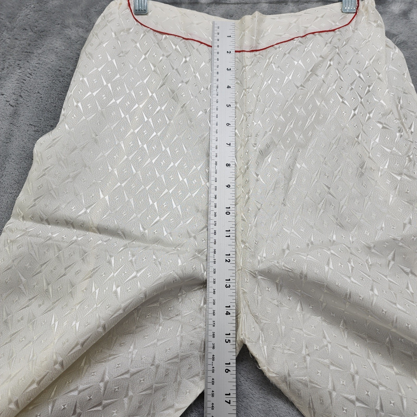 Vintage Asian Pajama Set Size M White Red Silky Satin Jacquard Embroidered Crop