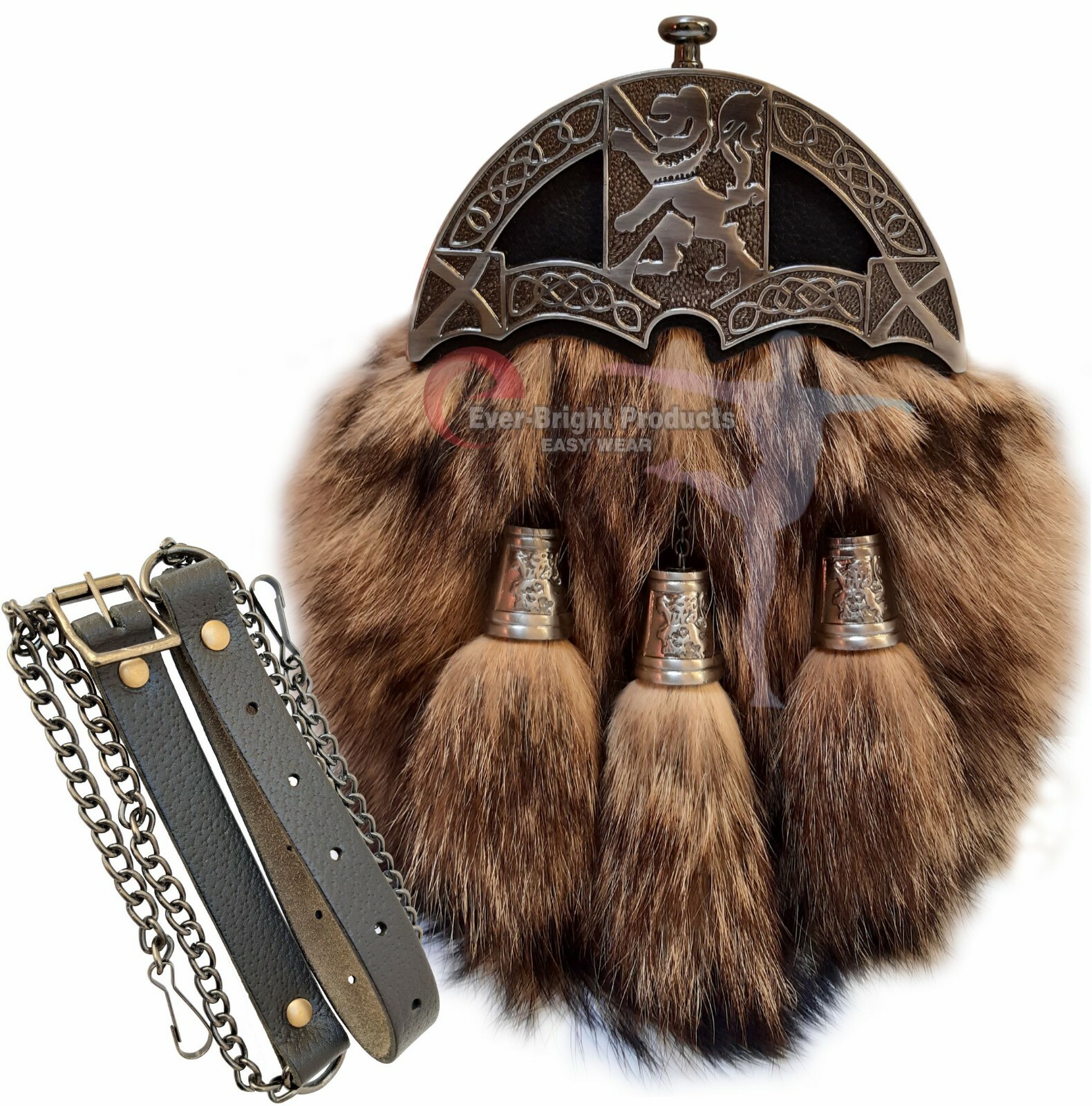 Scottish Kilt Original Fox Fur Full Dress Sporran Antique Enamel Lion Cantel