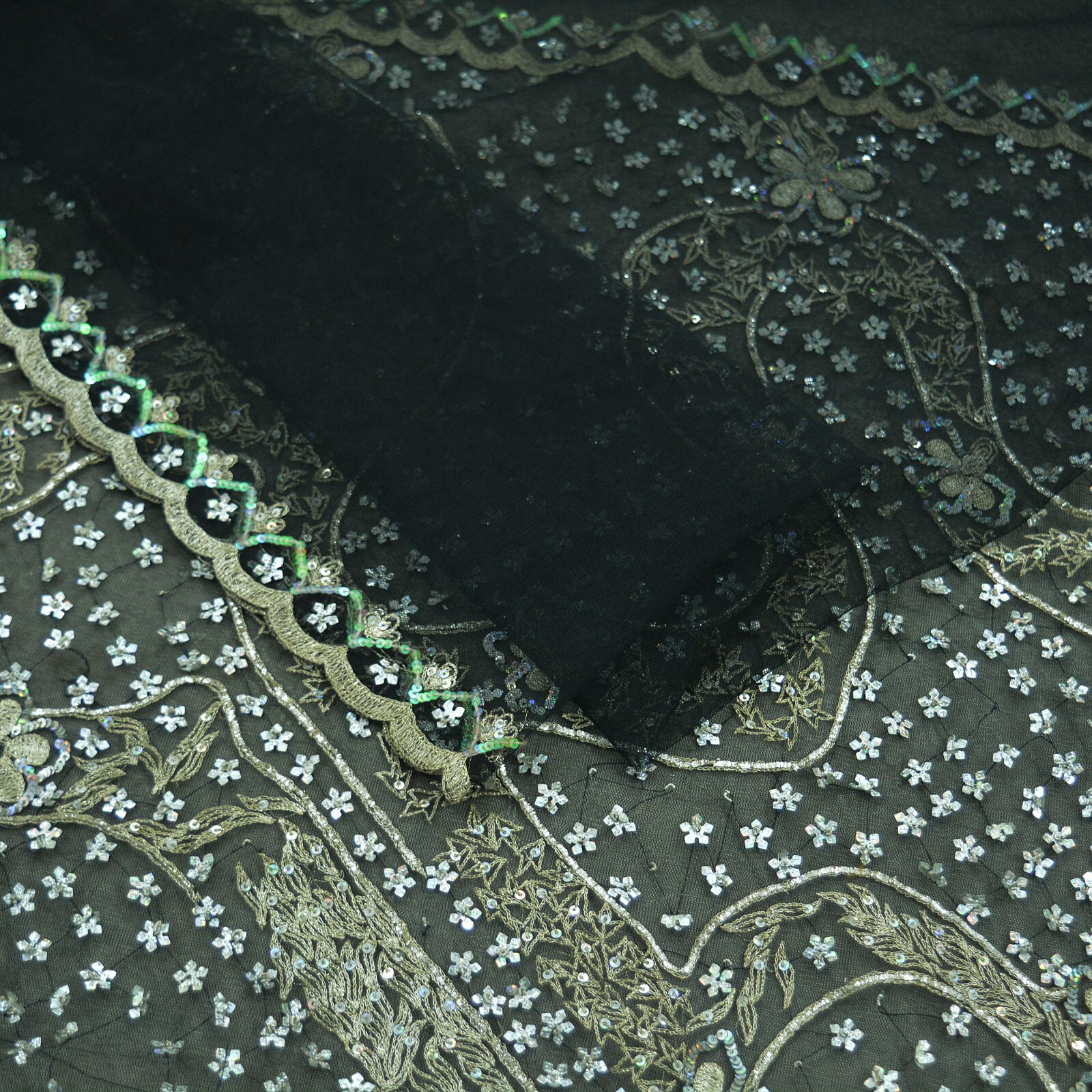 Indian Vintage Black Sarees Net/Mesh Hand Embroidered Sari Fabric 5Yd Ethnic