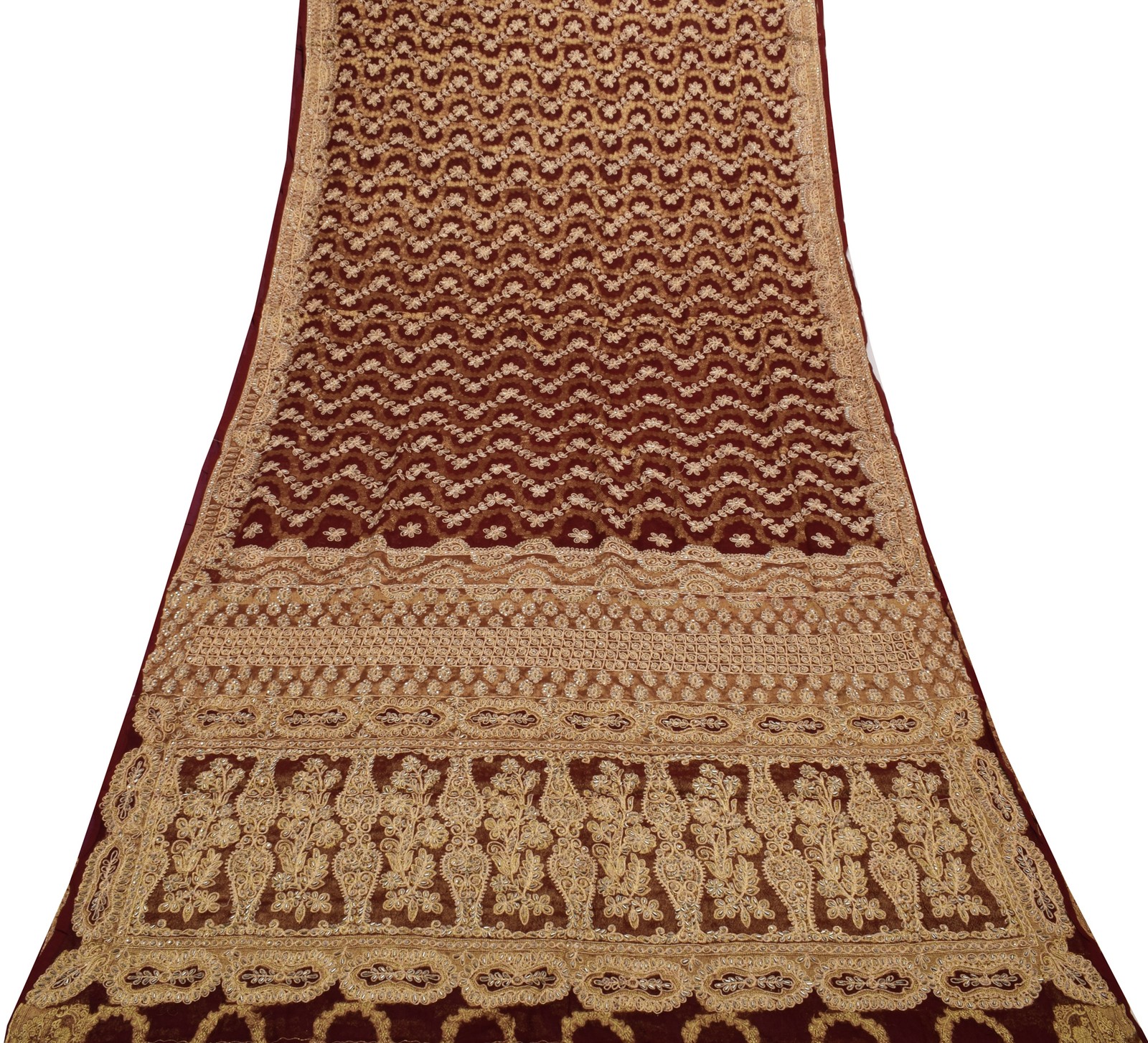 Sushila Vintage Maroon HEAVY Saree Pure Georgette Hand Beaded Floral Sari Fabric