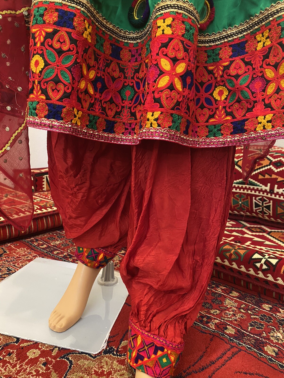 Afghan Black Dress With Red Pant And Red Scarf Large Size