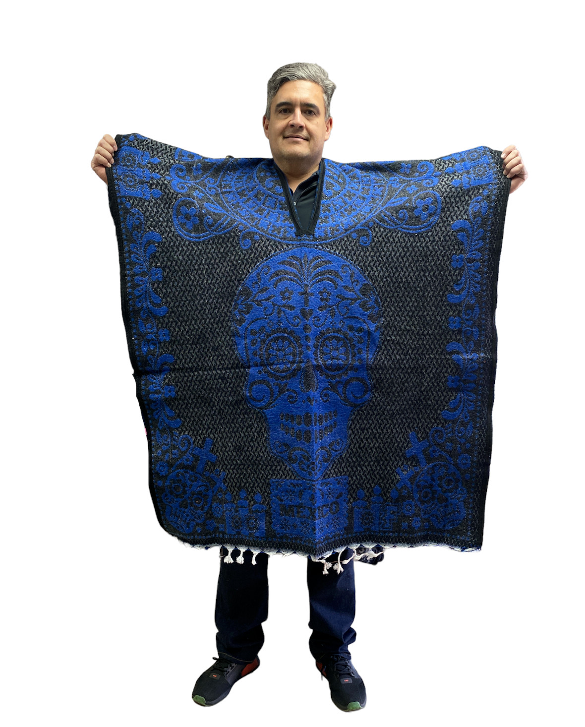 DAY OF THE DEAD CATRINA PONCHO , SKULL, UNISEX ADULT , GABAN ,BLACK & BLUE
