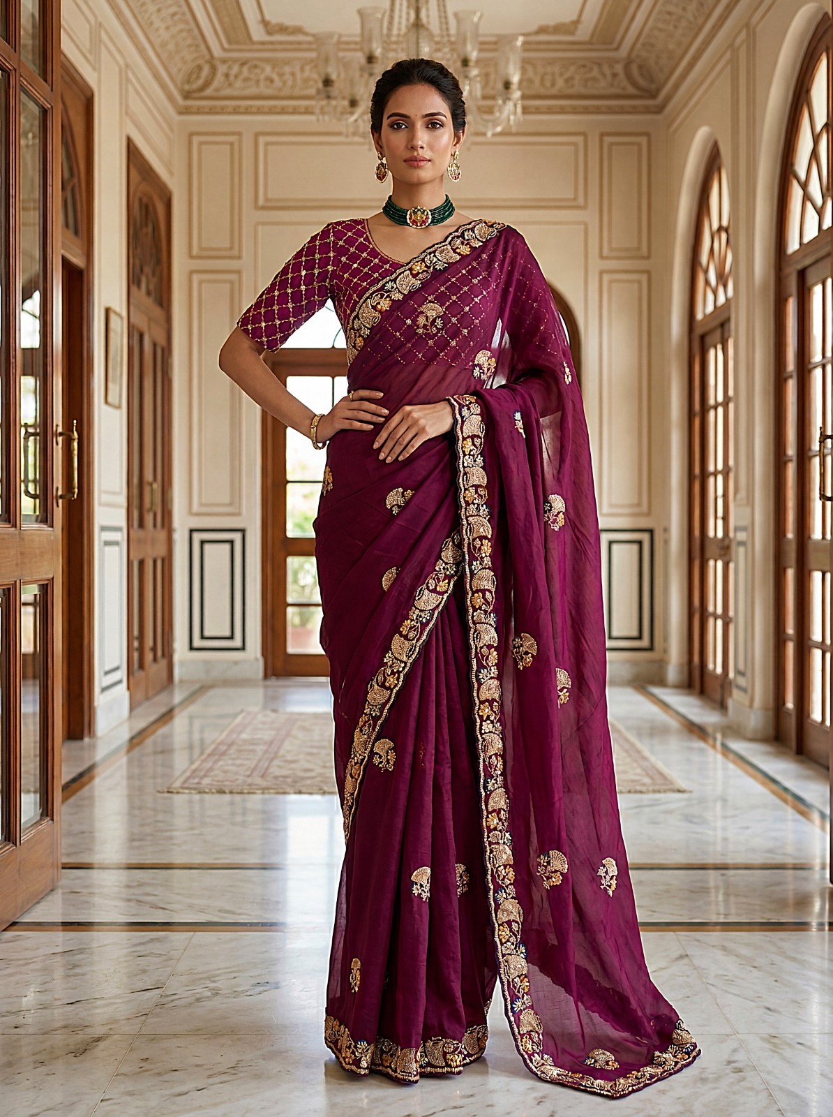 Women’s Chiffon Silk Saree Beads Sequins Embroidery Festival Wear