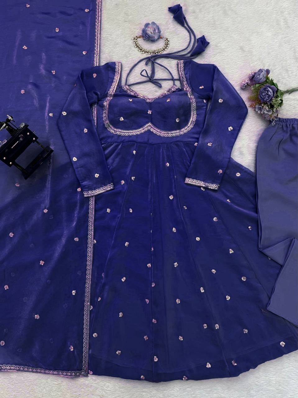 Stylish Look Royal Blue Soft Silk Anarkali Suit With Dupatta For Wedding Wear