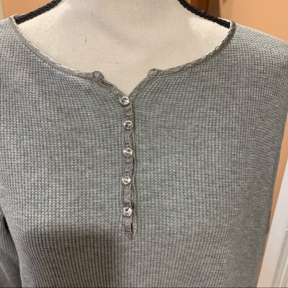 Quacker Factory Ribbed Cotton Henley Top Shiny Buttons