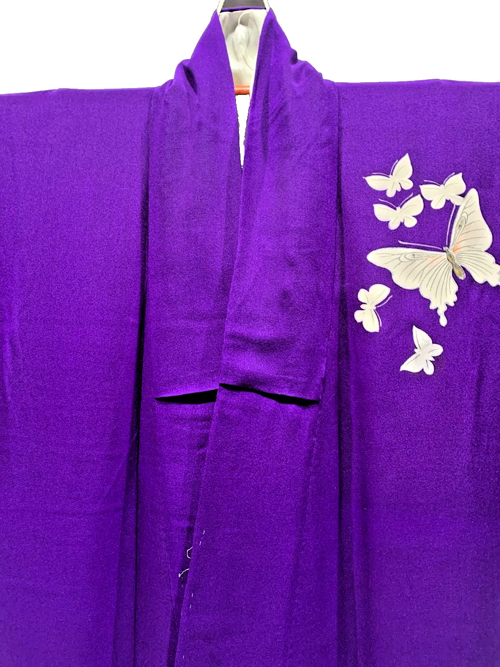 VINTAGE Silk Houmongi Kimono Kinsha Chirimen Butterfly Purple M Traditional Art