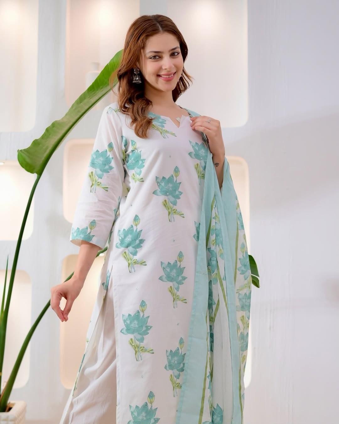 Beautiful Cotton Kurti Pant Dupatta Set Indian Bollywood Top Tunic Kurta Set