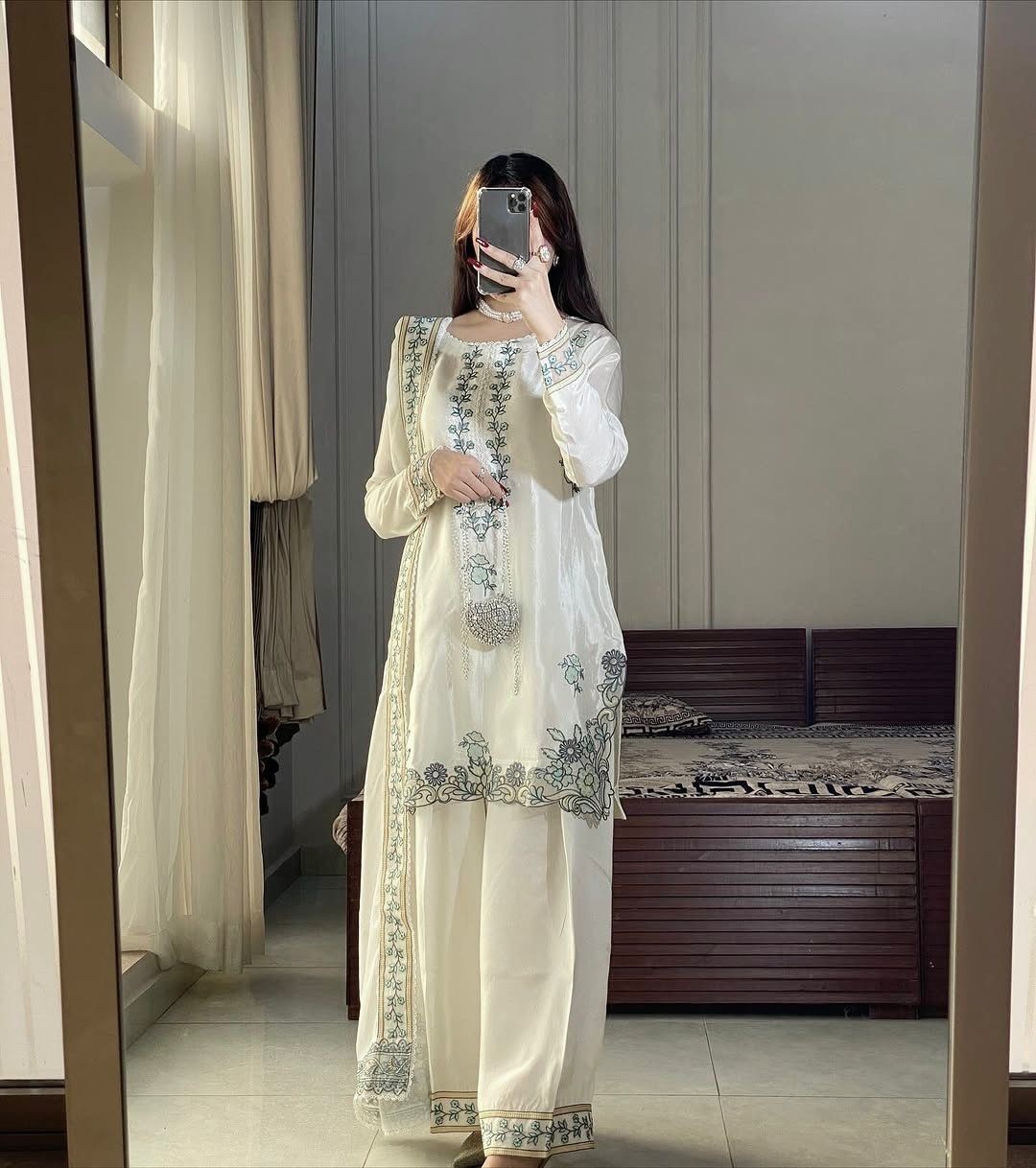 Designer Silk Top Farshi Palazzo Dupatta Party Wear Women Farshi shalwar suit