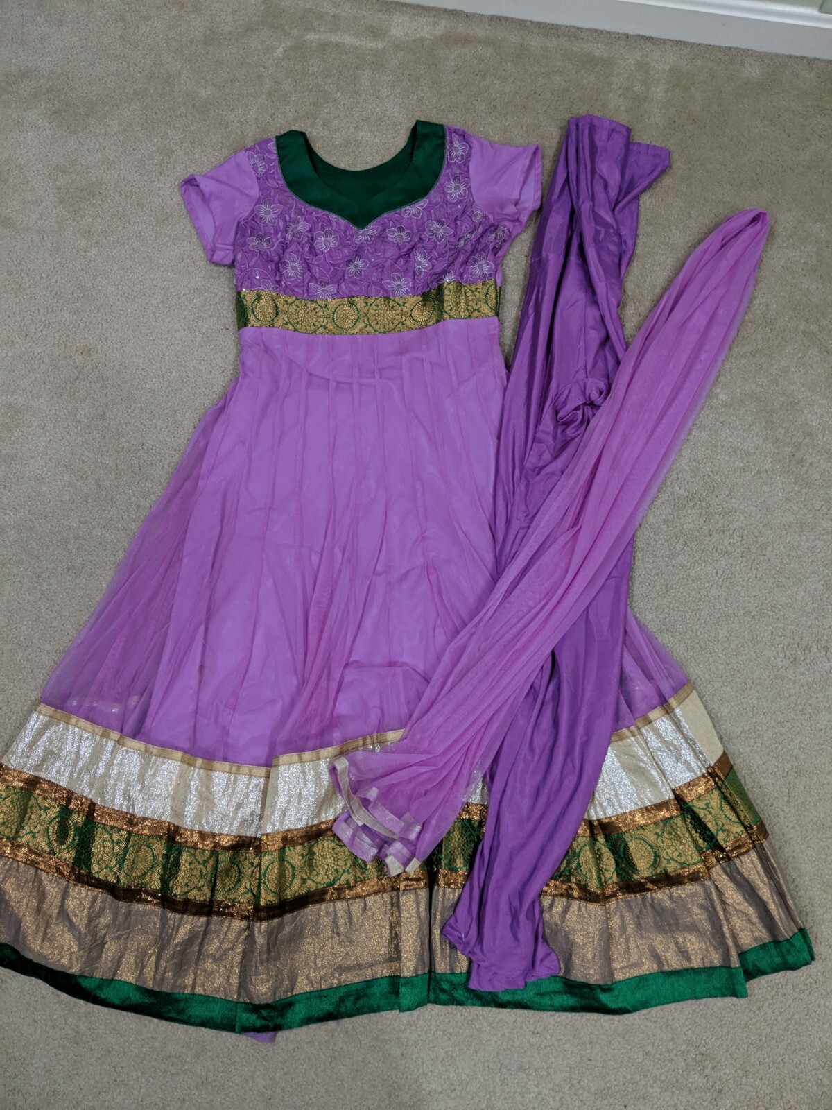 Purple Indian Dress Salwar Kameez Pant And Dupatta Green Gold Details