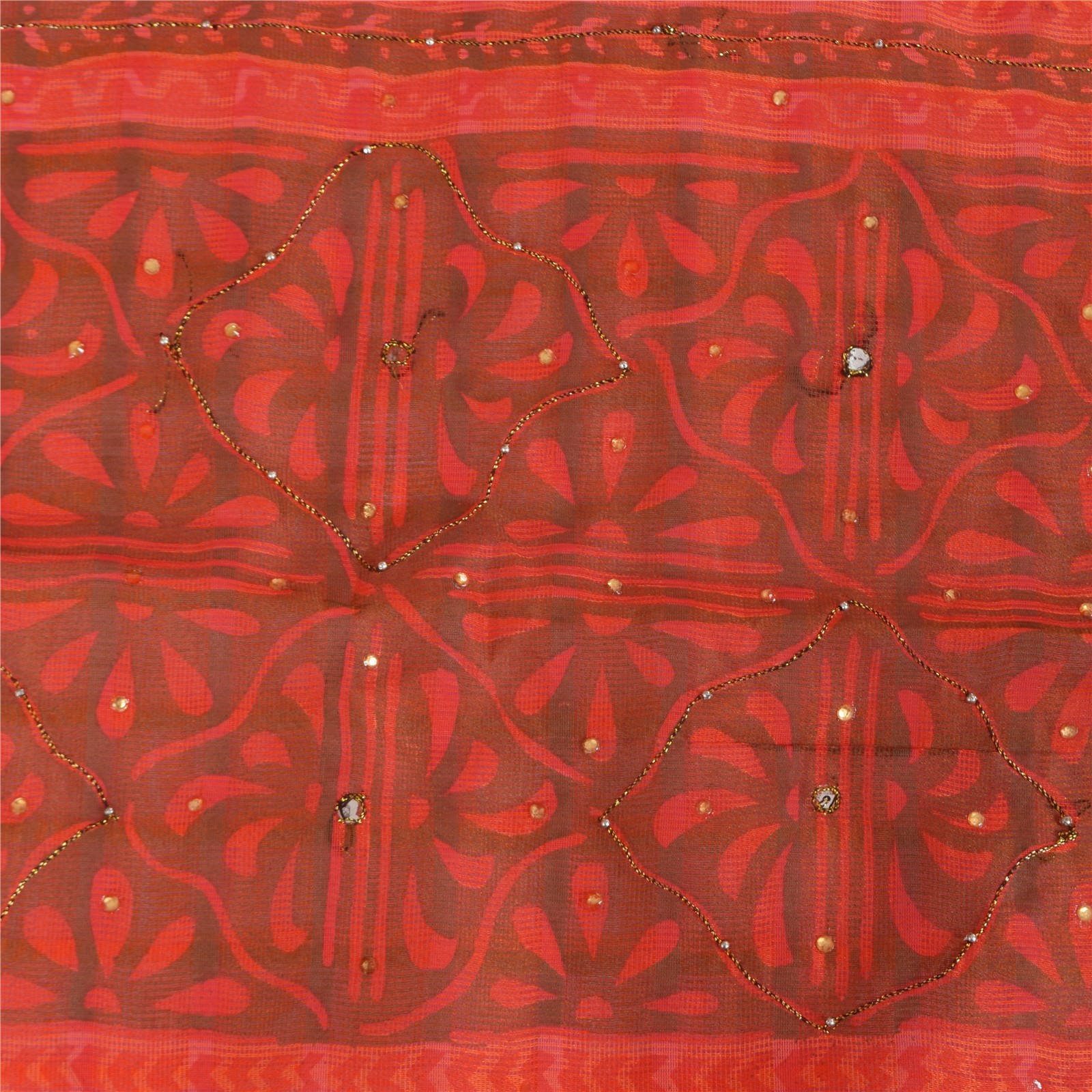 Sanskriti Vintage Coral Sarees Art Silk Hand Beaded Block Kota Doria Sari Fabric