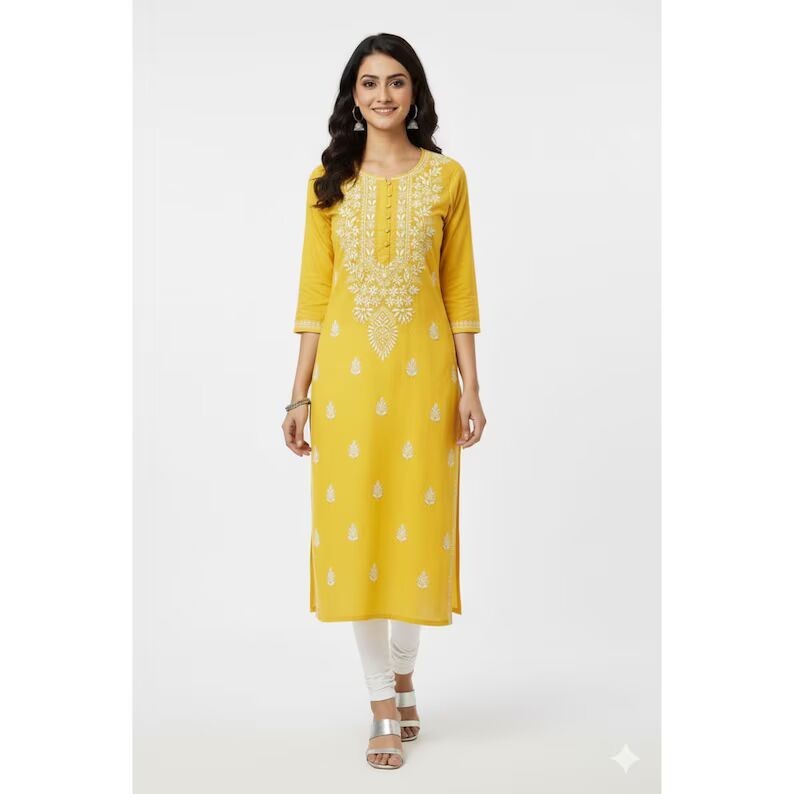 Chikankari Yellow Cotton Kurti | Hand Embroidered Pure Cotton Kurta for Women