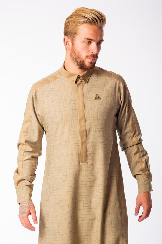 LAWUNG Al-Ameer Adult Men’s Thobe Modern Design Gold Arabian Jubbah AA23001