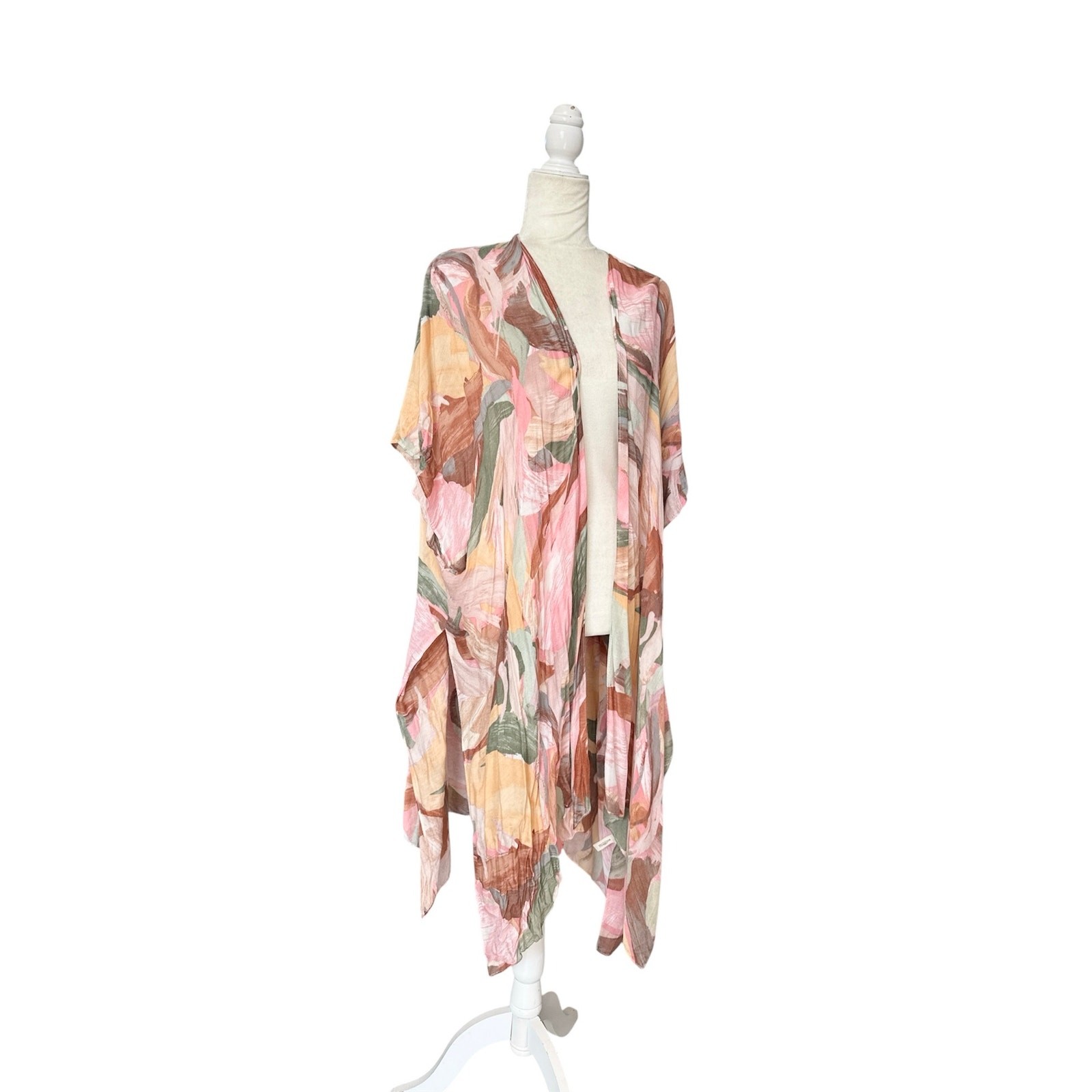 Pink Multi Printed Open Front Kimono Cardigan Cover Up One Size Fits