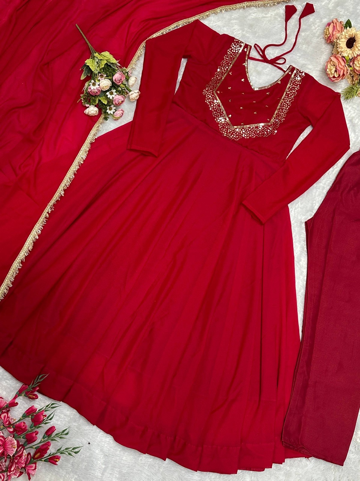 Latest New Heavy Georgette Red Gown Bottom With Dupatta For Women & Girls