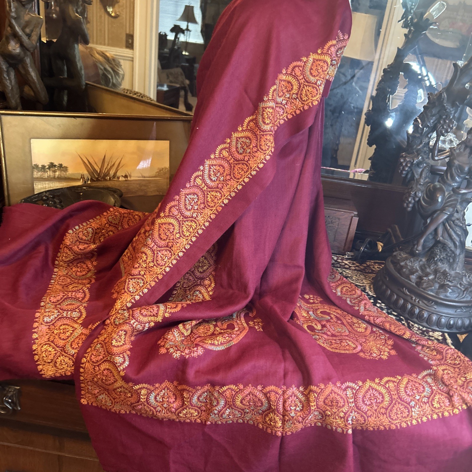 Sanskriti Vintage Indian Banarasi Handmade Embroidered Sari 82”x30” Burgundy