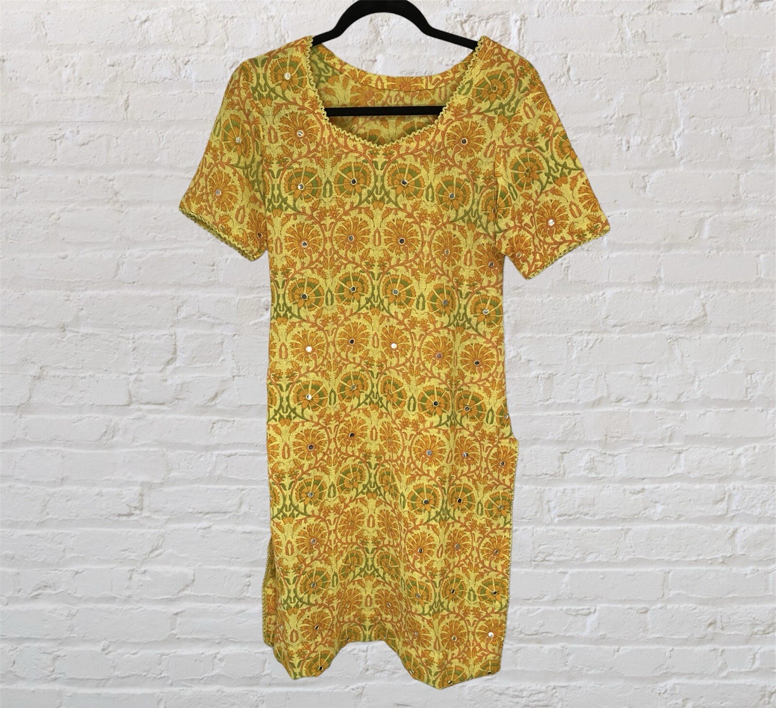 Vintage Handmade Embelllished Kameez Tunic Yellow Orange Green Small Size