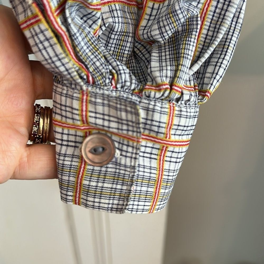Vintage 70s/80s Handmade Prairie Look Plaid Ruffle Neck Collar Blouse