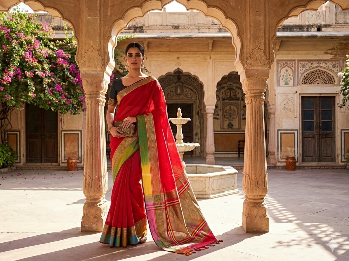 Exquisite Handloom Silk Cotton Maheshwari Saree with Designer Border
