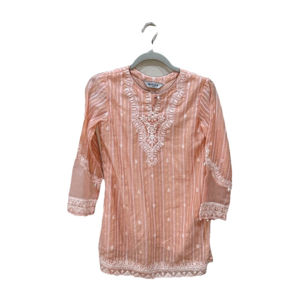Original Maria B Girls Suit Peach Stripe Cotton Embroidered Shalwar Kameez 12-14