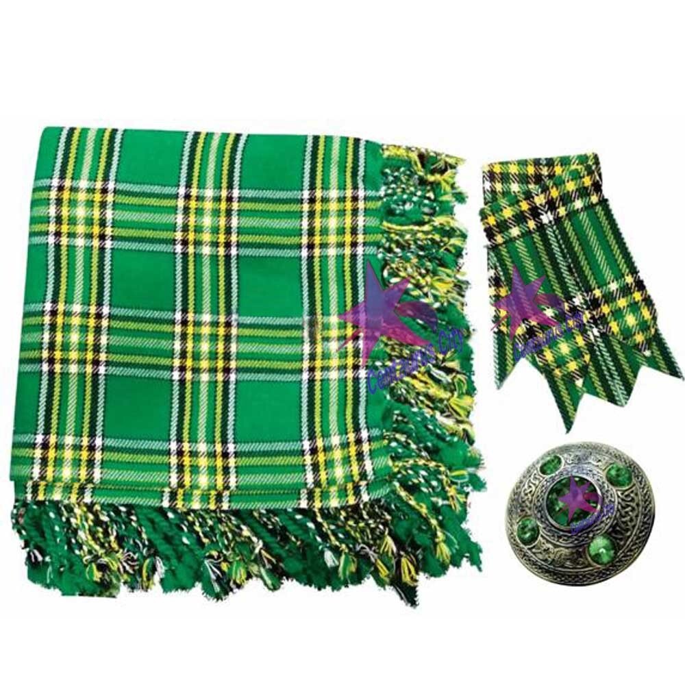 CC Kilt Fly Plaid 48″X48″ Republic of Ireland Tartan Kilt Flashes + Stone Brooch