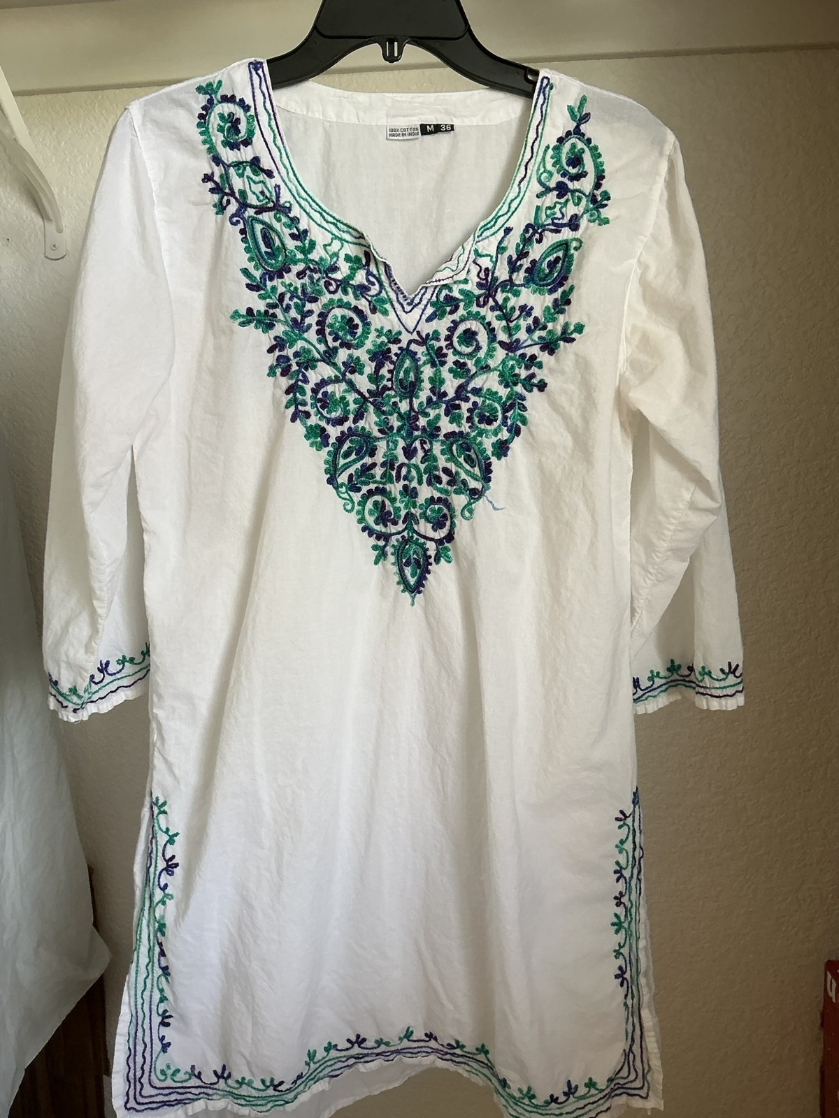 Embroidered Kurti Tunic Blouse Indian Pakistani Ethnic Floral White/Green