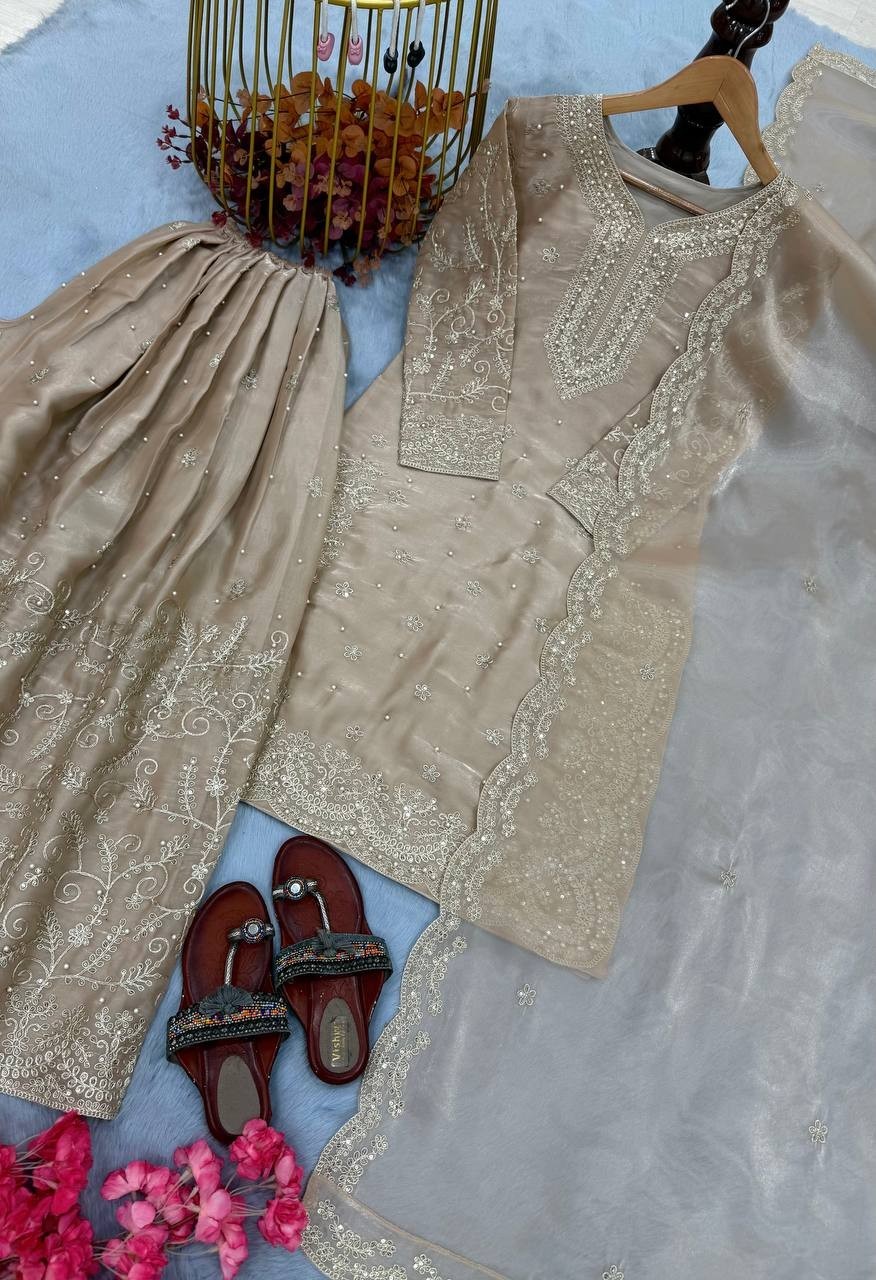 Latest Natural Crap Silk Chiku Salwar Kameez With Dupatta For Traditional Wear