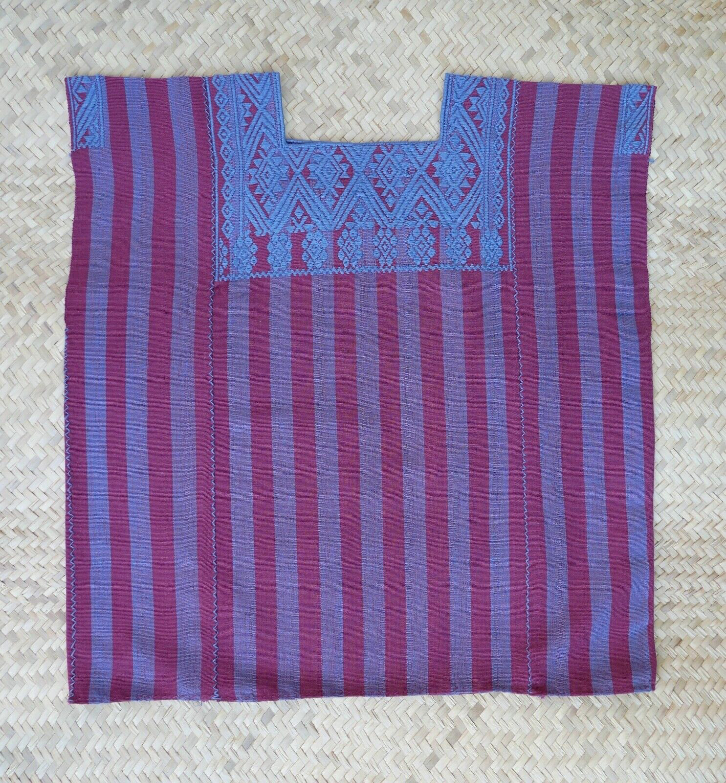 Huipil Top Mayan Blue & Plum Stripe Handwoven Backstrap Loom Chiapas Mexico