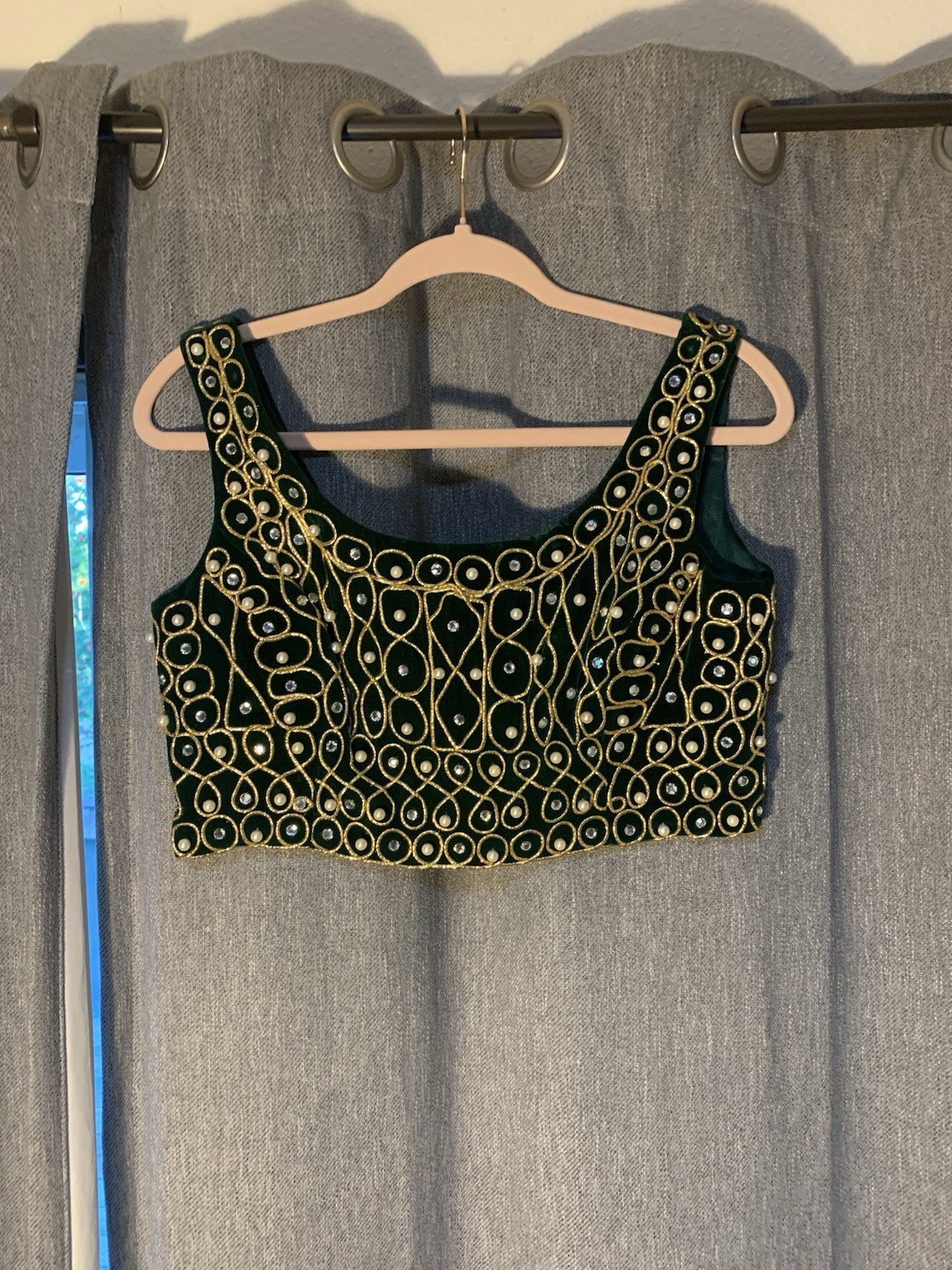 Vintage Women’s Size S Green Velvet Choli Blouse Gold Embroidery Pearls