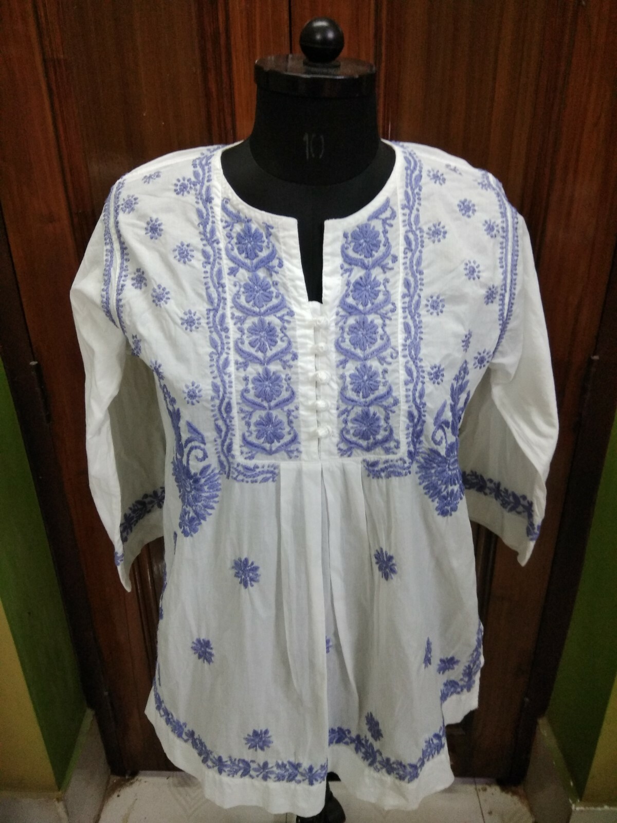 HANDMADE M 40 100%COTTON CROCHET BUTTON ETHNIC CHIKAN EMBROIDERY KURTA KURTI TOP