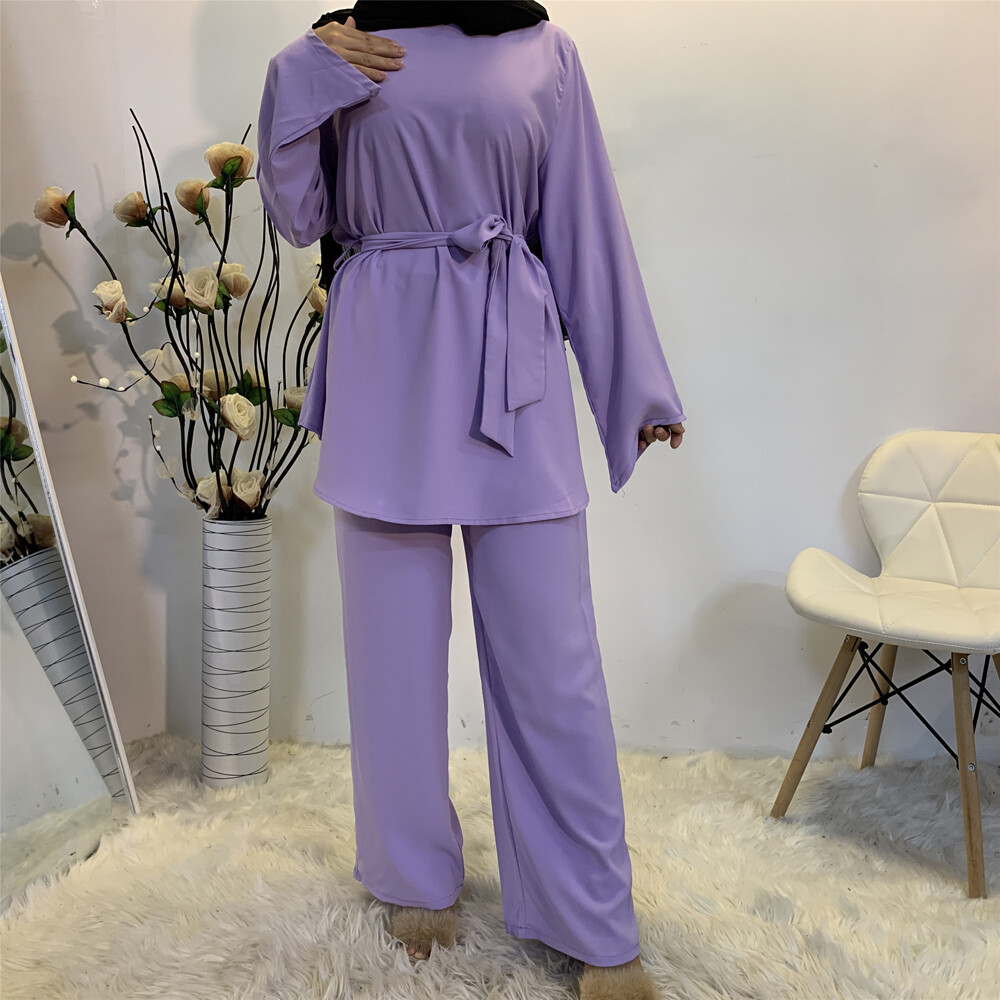 2Pcs Women Long Sleeve Top Pants Set Abaya Kaftan Muslim Loose Robe Dress Suit