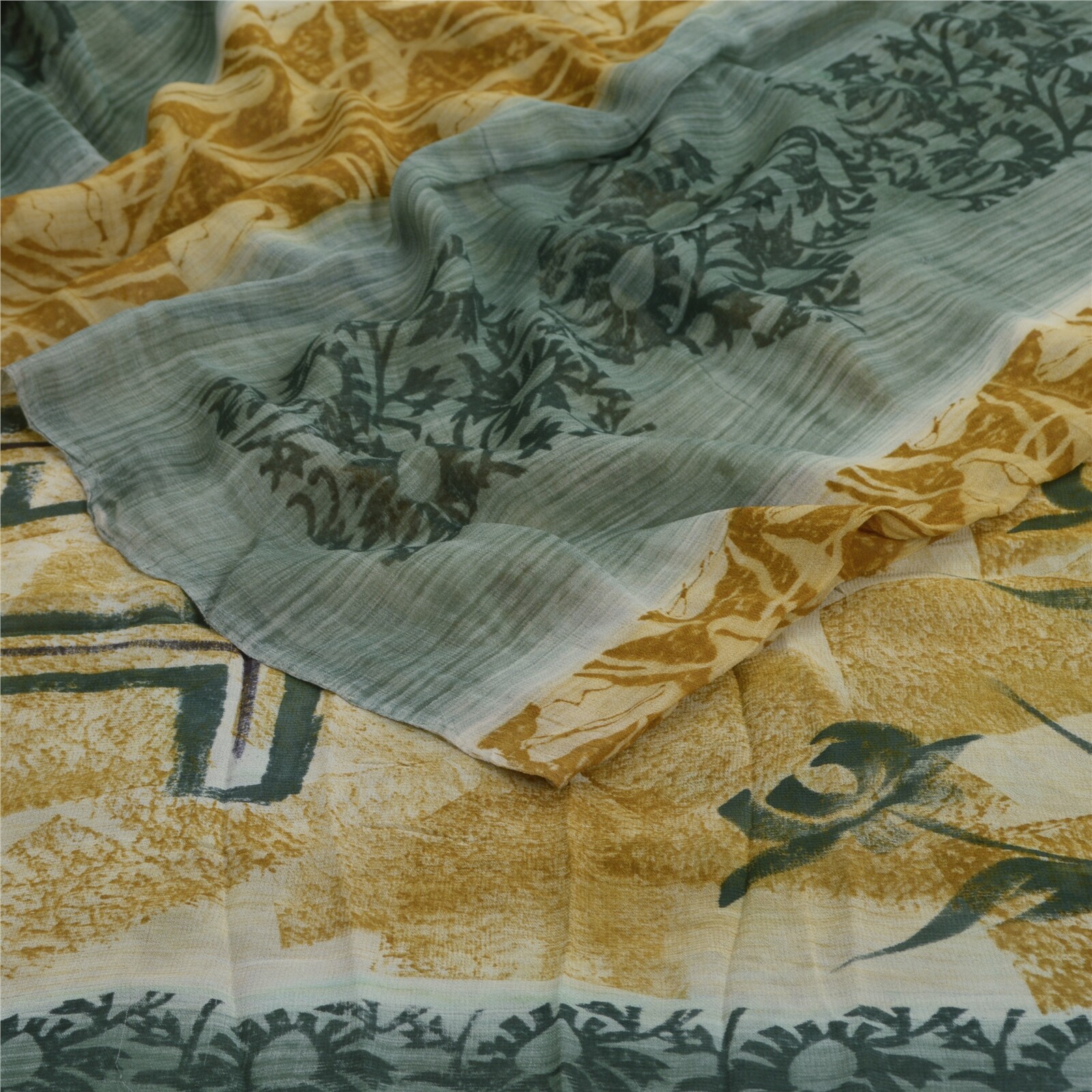 Sanskriti Vintage Cream/Green Sarees Pure Georgette Printed Sari Craft Fabric