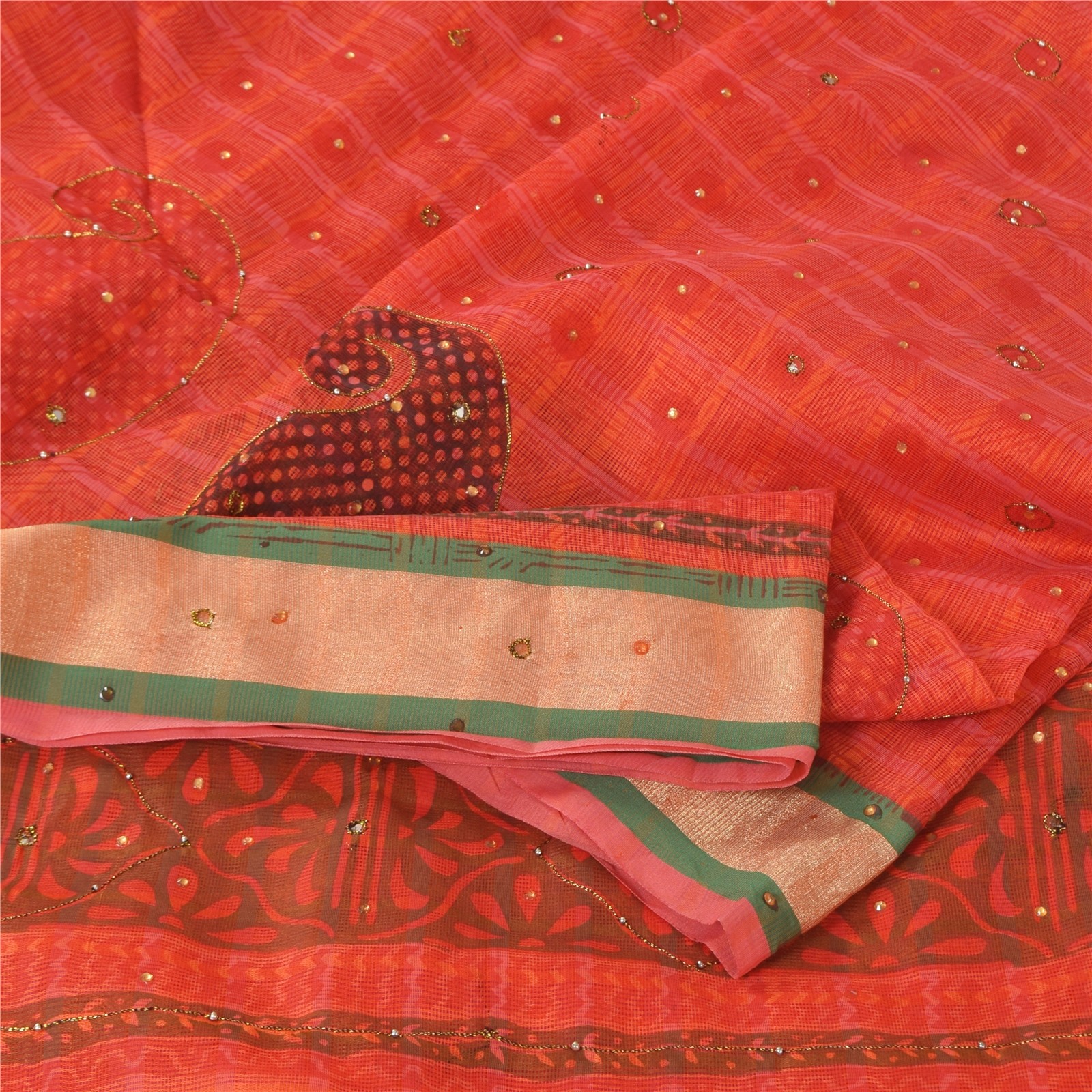 Sanskriti Vintage Coral Sarees Art Silk Hand Beaded Block Kota Doria Sari Fabric