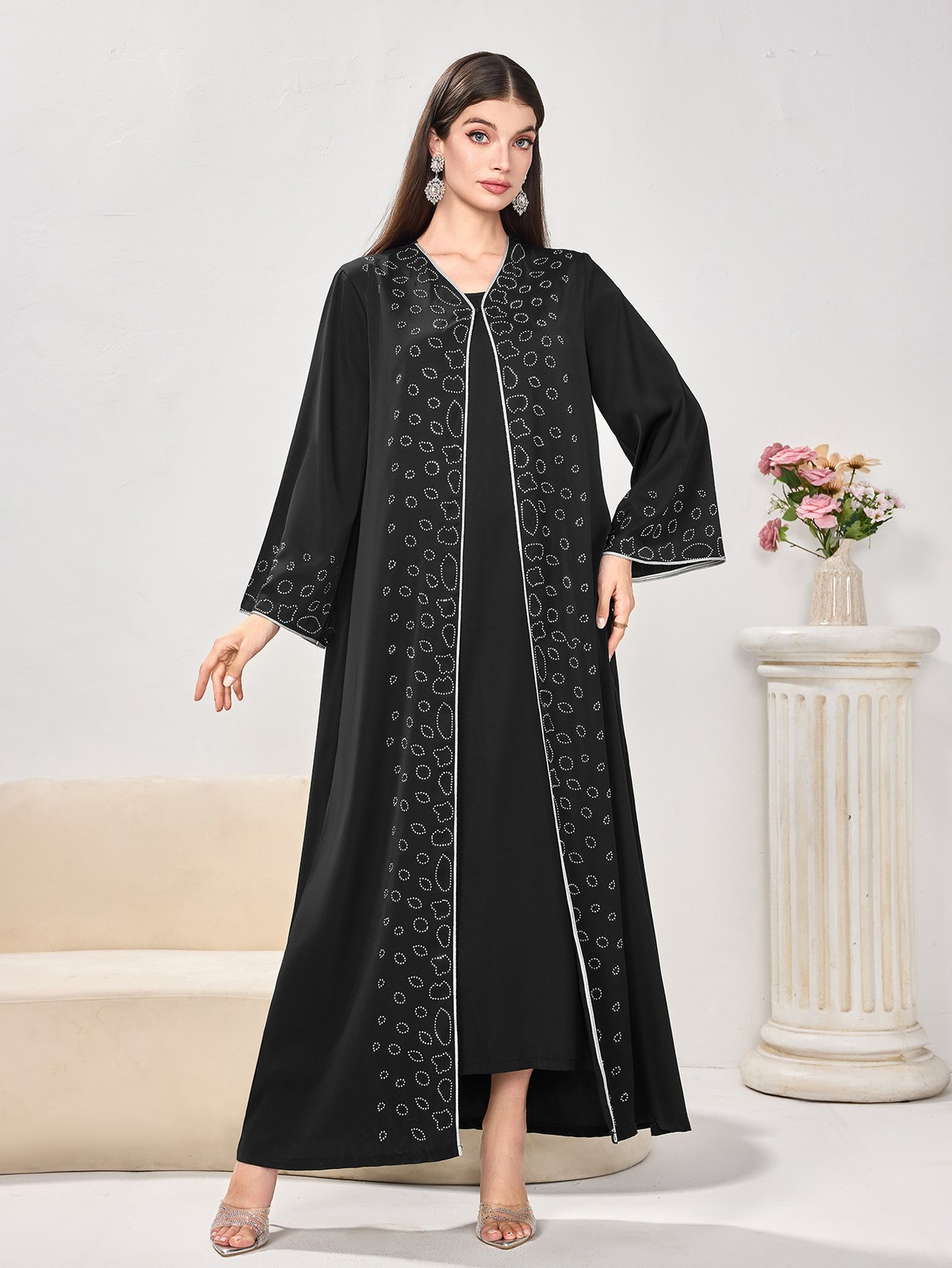 Muslim Women Abaya Elegant Hot Dirll Loose Full Sleeves Kaftan Dubai Party Gown