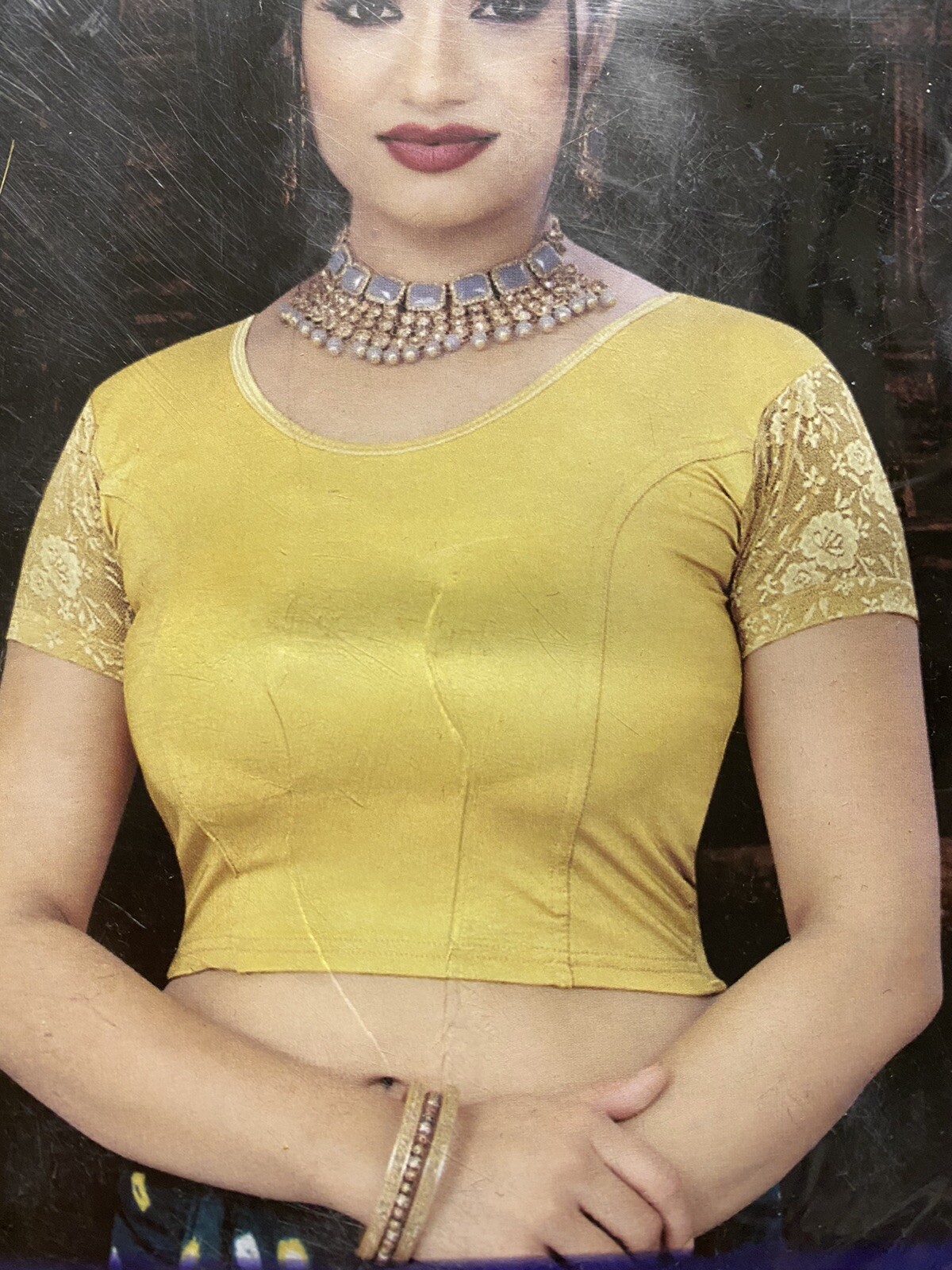 Women’s Readymade India Net Sleeves Stretchable Blouse Saree Crop top LYCRA GOLD