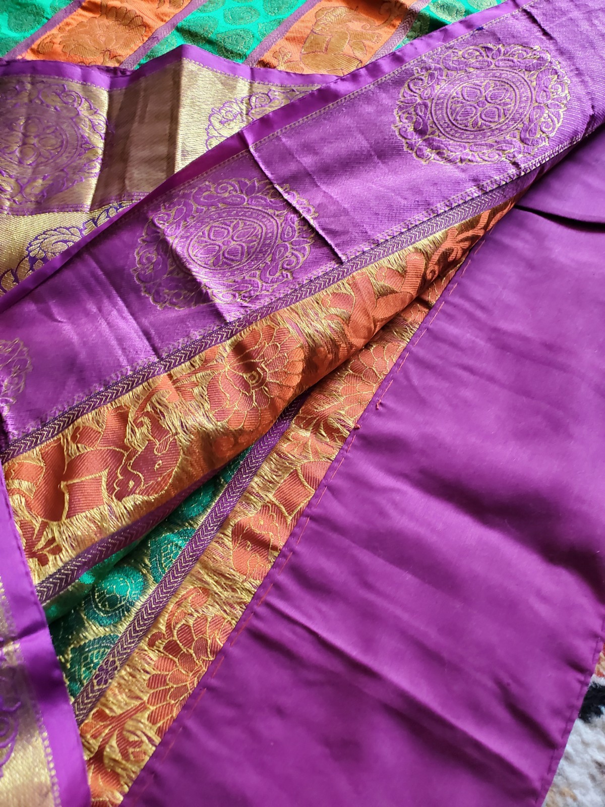 Authentic Pure Silk Dharmavaram Pure Silk Saree Horizontal Panels Green Orange