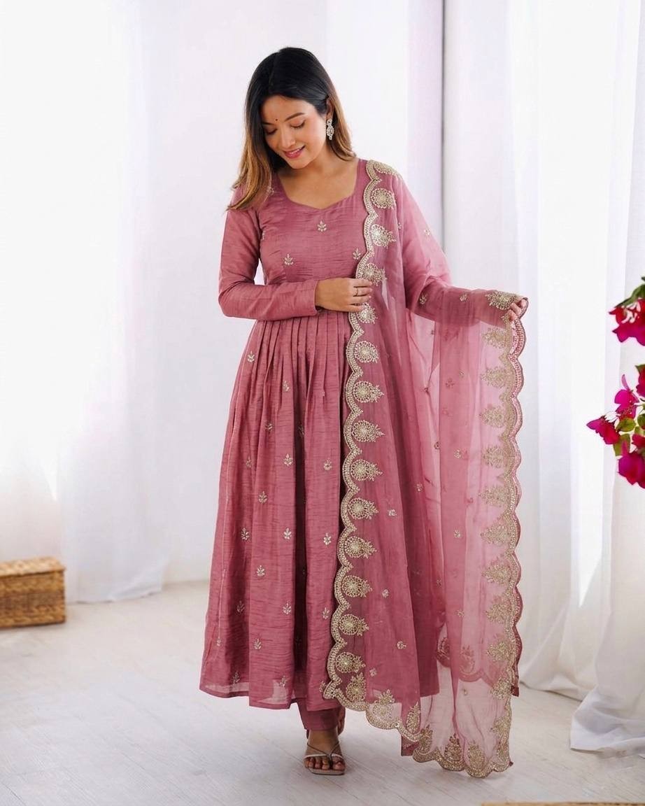 Latest New Heavy Gold Crush Silk Pink Gown Bottom With Dupatta For Function Wear